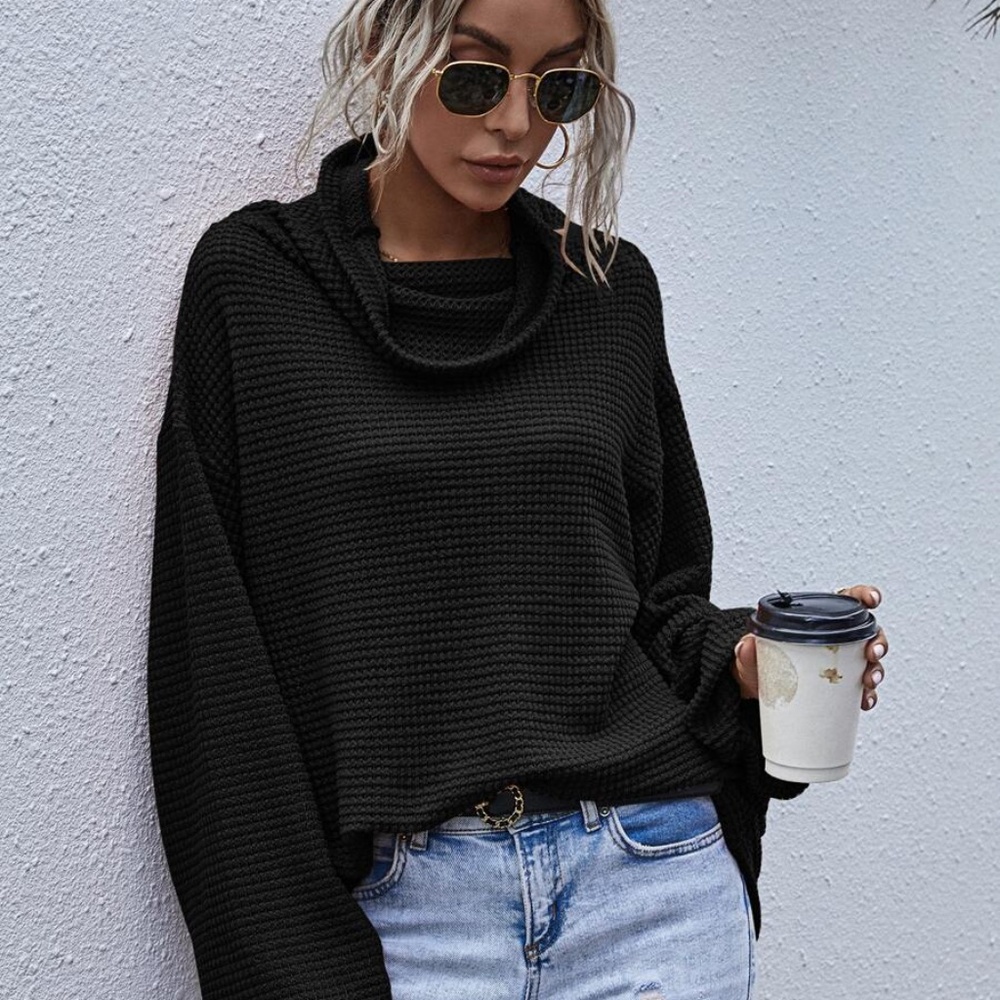 Black Oversized cowl neck wide long sleeve top - Picture 15 of 15